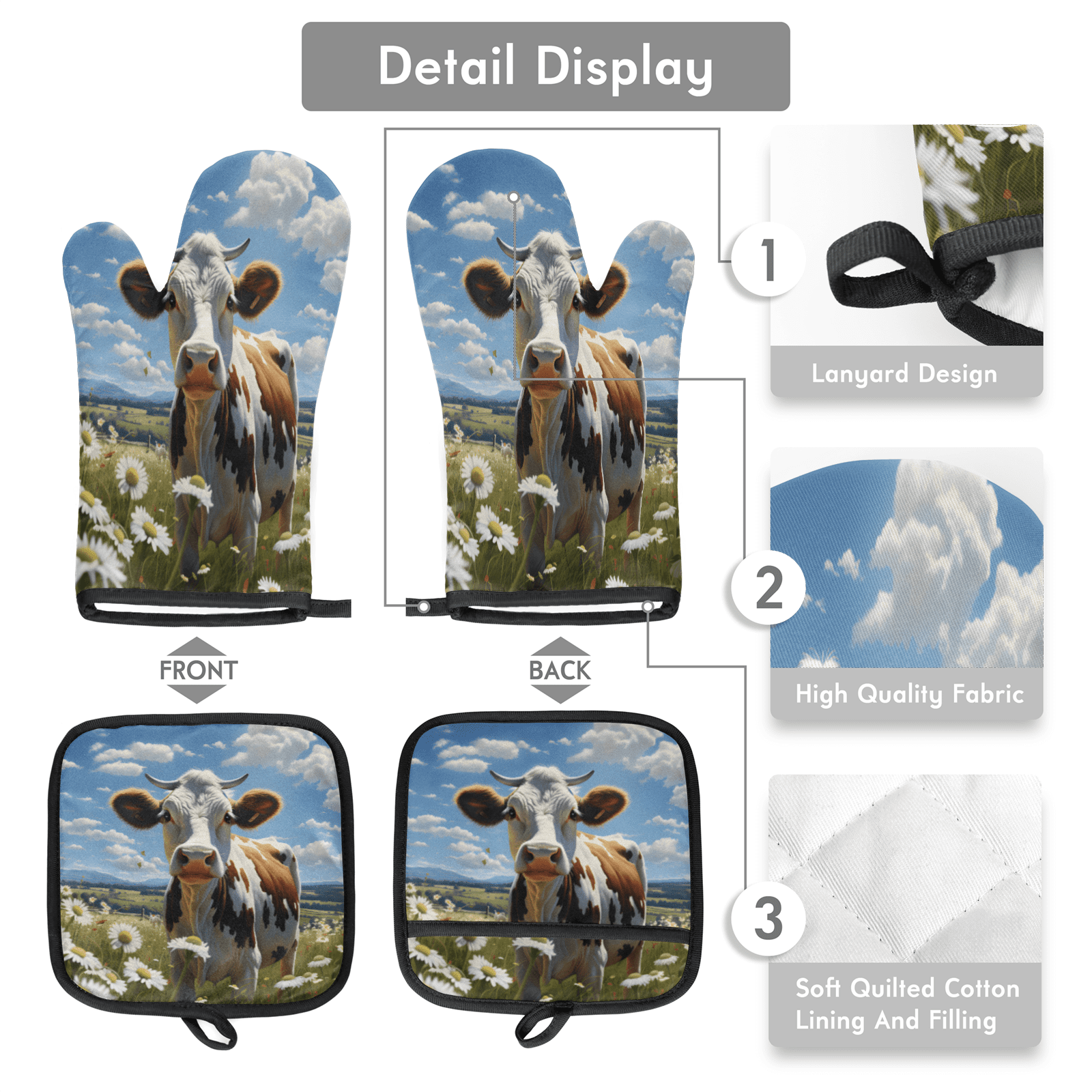 CURLYOOT Cow Daisy Oven Mitts and Pot Holders Sets of 2, Non-Slip Washable Hot Pads and Oven Gloves for Kitchen Cooking Baking