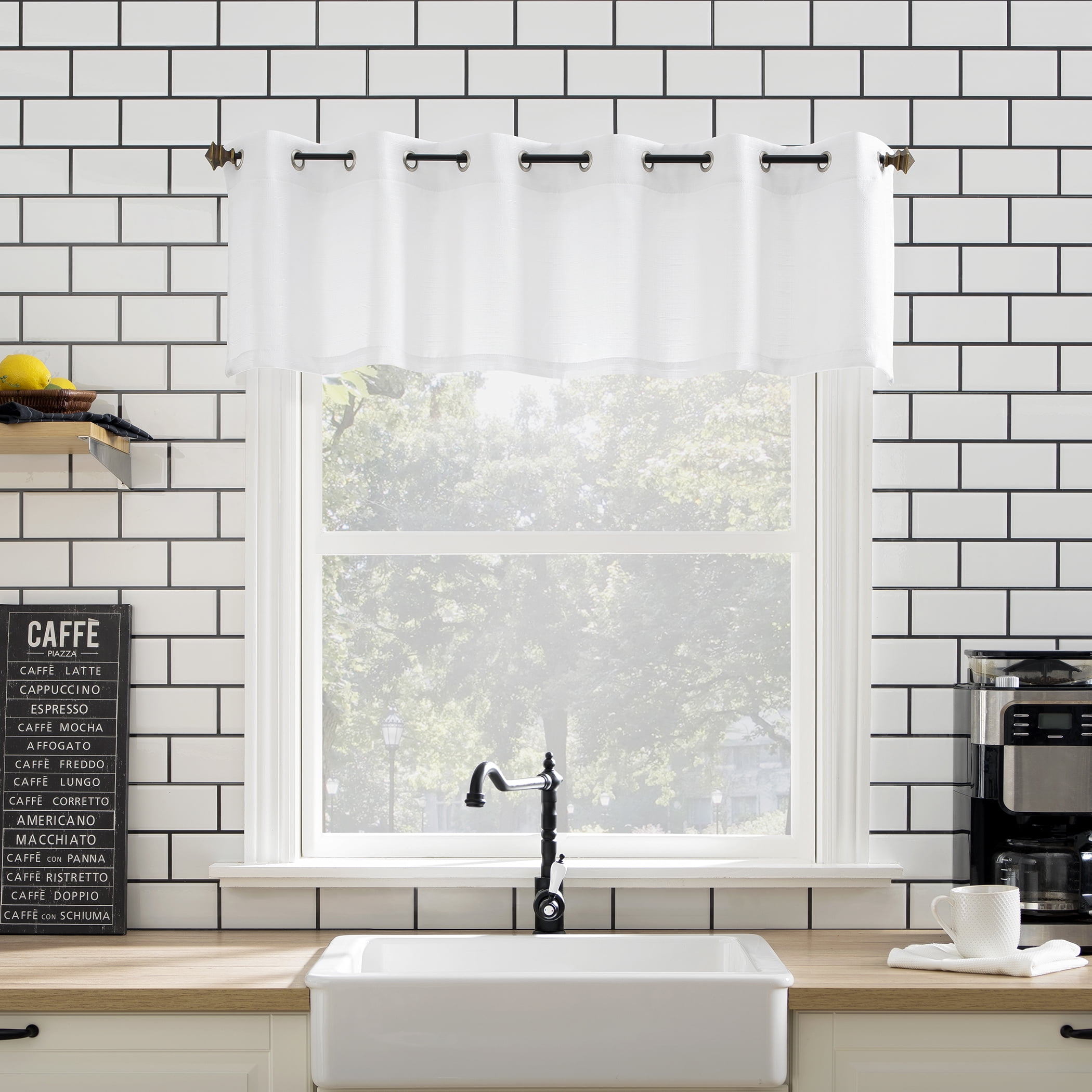 Mainstays Solid Semi Sheer Curtain Tier Pair and Valance Set, 3 Piece Ready Made Kitchen Curtains, White, 54" W x 24" L