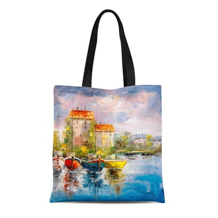 Watercolor Harbor - LADDKE Canvas Tote Bag Colorful Abstract Oil Painting Harbor View Watercolor Canvas Italy Reusable Shoulder Grocery Shopping Bags Handbag