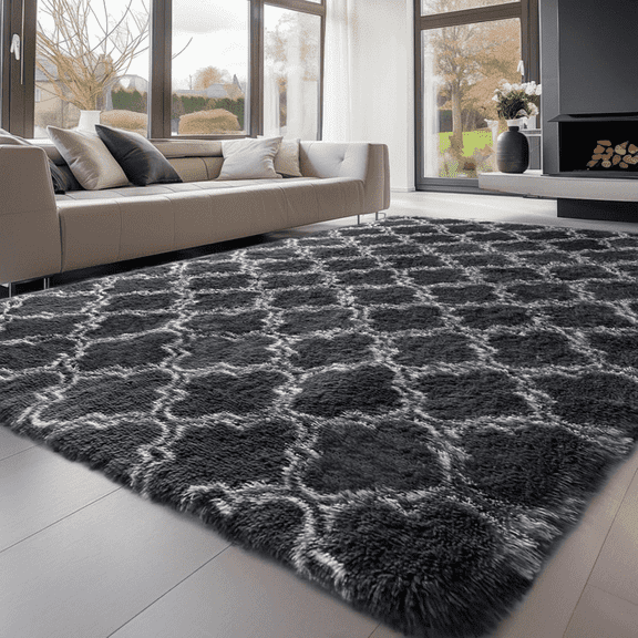 Cshidworld Geometric Shag Area Rugs, 5x8 Soft Fluffy Shaggy Carpet for Living Room,Large Rug for Bedroom Dining Room Home Decor Room Decor, Black & White