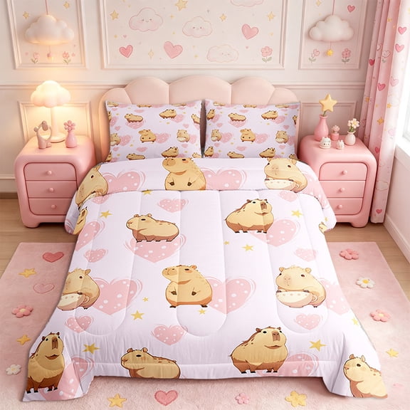 Erosebridal Capybara Comforter Set,Cartoon Animal Bedding Set,Pink Love Heart Reversible Duvet Insert,Cute Capybara Quilt with 1 Pillowcase for Bedroom,Twin