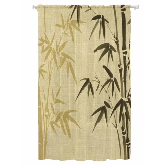 Sheer Curtains 96 Inches Long, Vintage Bamboos Semi Sheer Curtains Light Filtering Window Treatment, Ink Painting Retro Art Rustic Privacy Voile Drapes for Living Room Bedroom 52x96 Inch