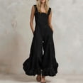 thumbnail image 2 of Women's 100% Cotton Wide Leg Jumpsuit with Pockets, Sleeveless Crew Neck Ruffle Hem, Mid Elastic Waist, Casual Lounge Summer | VerBelle,Black L, 2 of 7