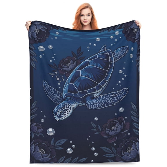 Sea Turtle Throw Blanket Patterned with Colorful Blooms, Cozy All Season Breathable Couch Blanket 50x40