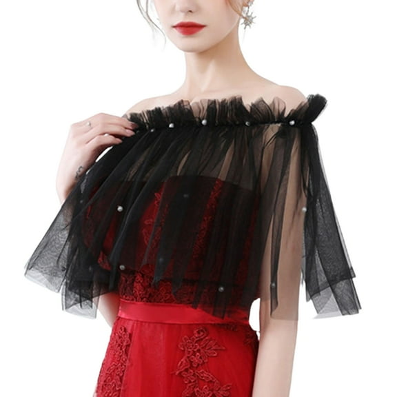 SWSMCLT Women's Sheer Shrug Cape Wedding Bolero Bridal Summer Tulle Light Sun Protection Chiffon Pleated Soft Black One Size