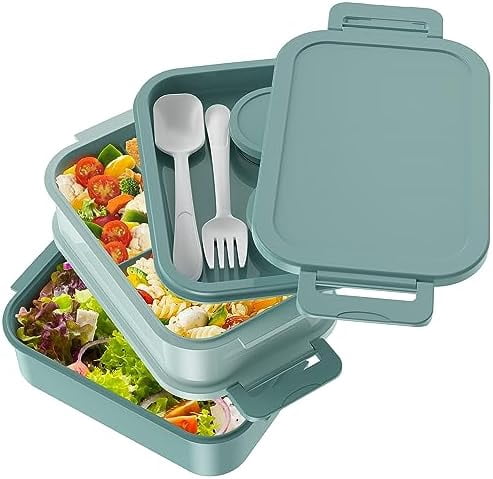 Bento Box Adult Lunch Box - 72oz Stackable Bento Lunch Box for Adults, 3 Layers All-in-One Large Bento Box Leak-Proof Lunchbox with Utensil Sauce Dressing Containers for Dining Out,Work, Green