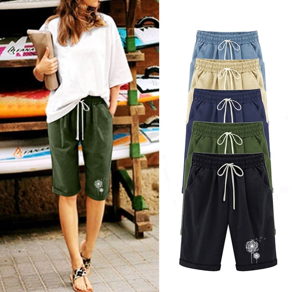 ZyeKqe Cotton Linen Shorts for Women Drawstring High Waisted Kneen Length Shorts Graphic Print Summer Casual Comfy Shorts