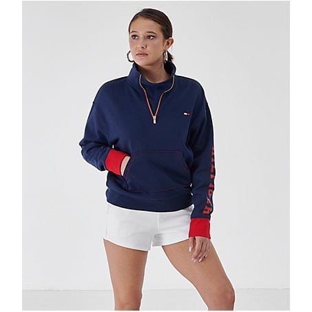 Tommy Hilfiger Women's Half-Zip Fleece Top in Blue Size Small | Cotton/Polyester/Fleece