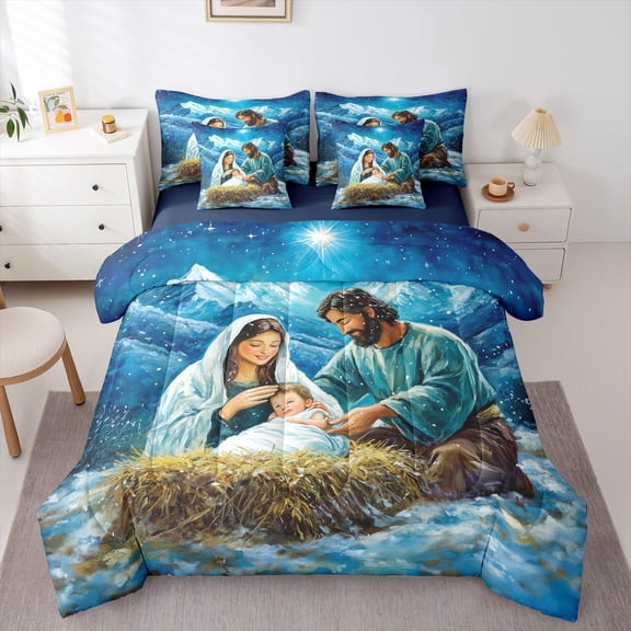 jejeloiu Oil Painting Twin Bedding Sets 7-Piece,Christmas Theme Bedding Comforter Set,Happy New Year Sheet Sets For Men Women,Lightweight Room Decor Reversible
