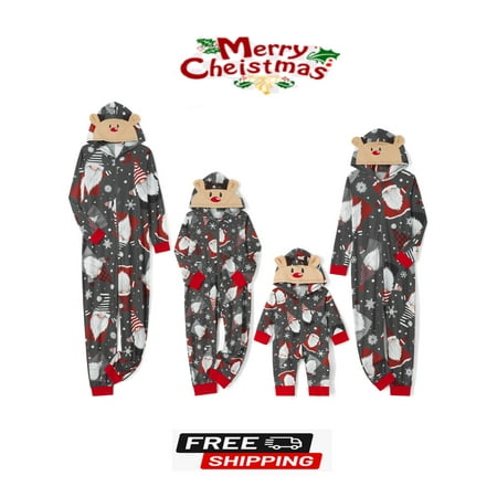 

Family Matching Clothes Christmas Sleepwear Cartoon Elk/Snowman Print Long-Sleeve Zipper Hood One-Piece Jumpsuit