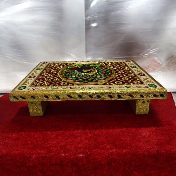 Wooden Pooja Chowki Beautiful Peacock Designed Stool Handcrafted Stand For Mandir