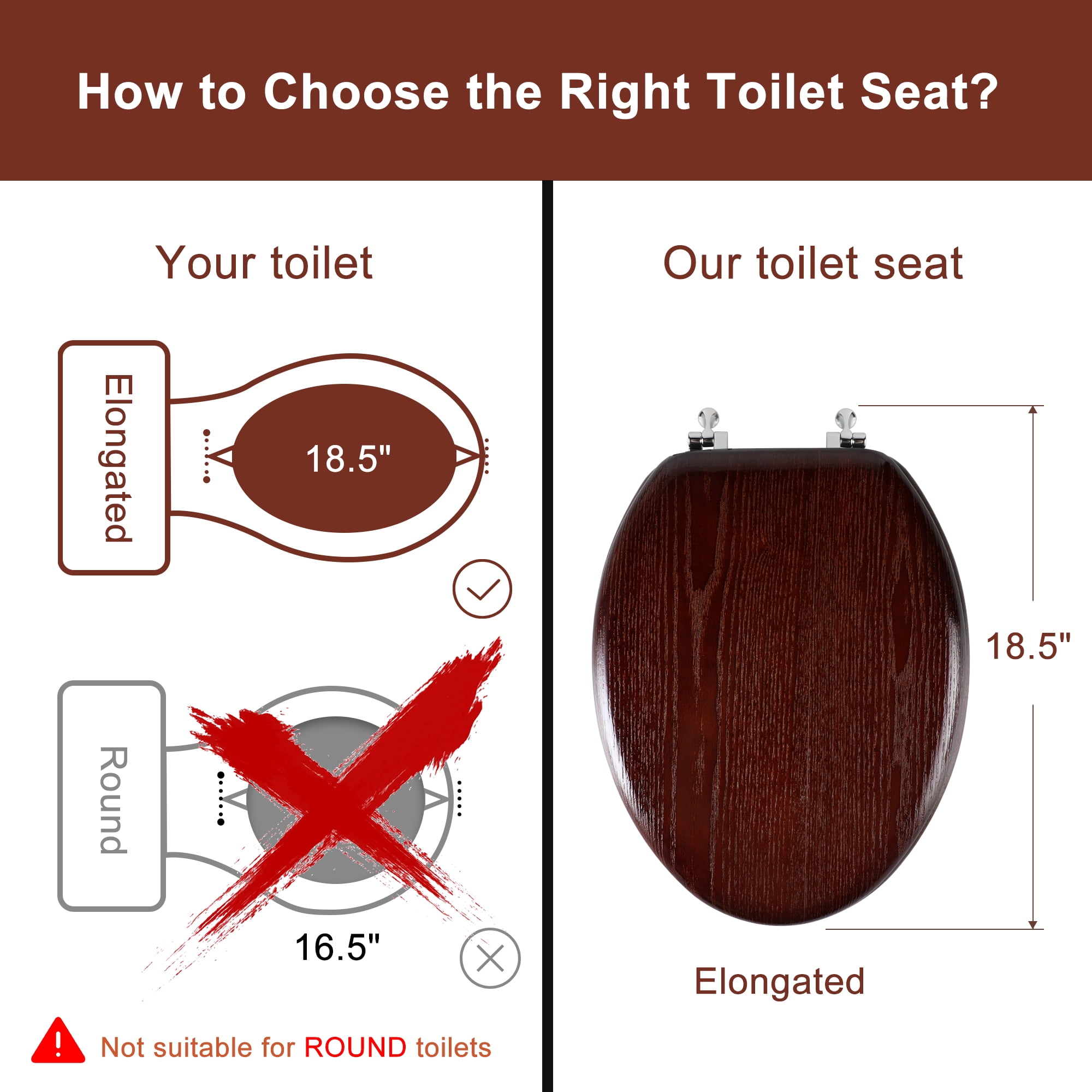 Angol Shiold Wood Elongated Toilet Seat, Easy Clean, Metal Hinges ( Elongated 18.5'', Dark Walnut )