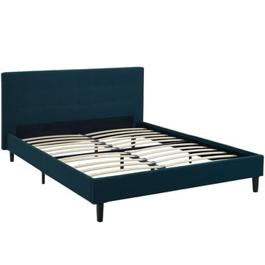 Modern Contemporary Urban Design Bedroom Queen Size Platform Bed Frame, Navy Blue, Fabric Wood