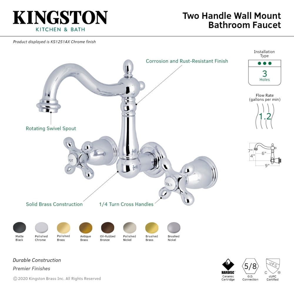 Kingston Brass KS1251AX 8-inch Center Wall Mount Bathroom Faucet, Polished Chrome