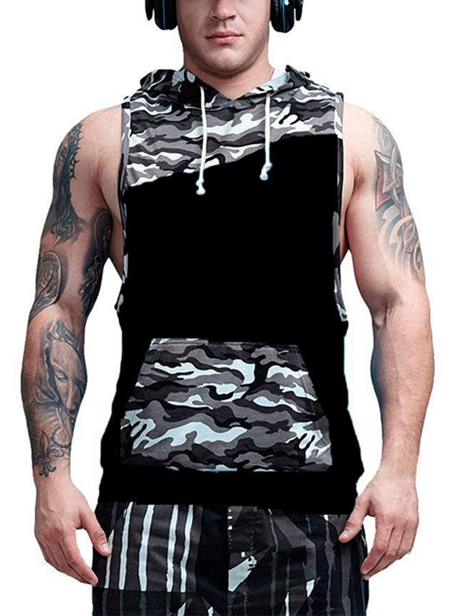 Generic Mens Casual Sleeveless Slim V-Neck Solid Color Hoodies Tank Tops 