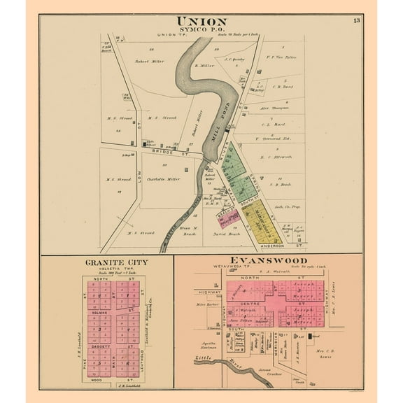 Historic City Map - Union Granite City Evanswood  Wisconsin - Foote 1889 - Vintage Wall Art
