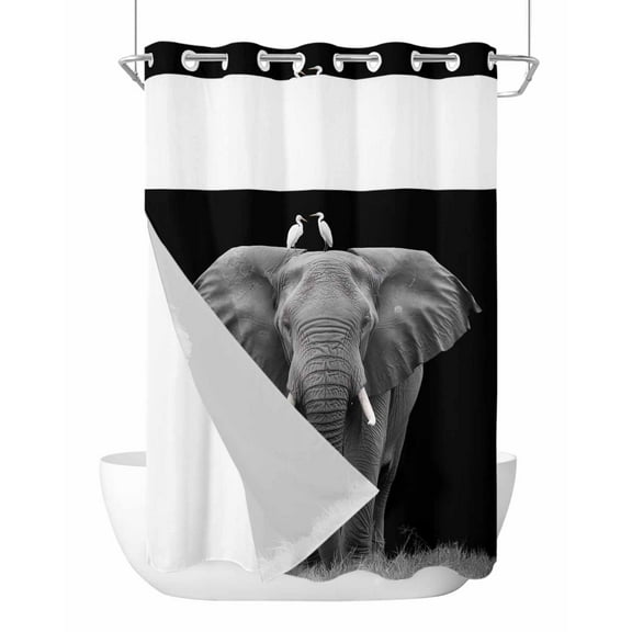No Hook Cloth Fabric Shower Curtain with Snap in Liner, Elephant Bird Waterproof Shower Curtains Set with See Through Top Window, Modern Pastoral Animal Black Grey Bath Curtains Shower 72"x96"