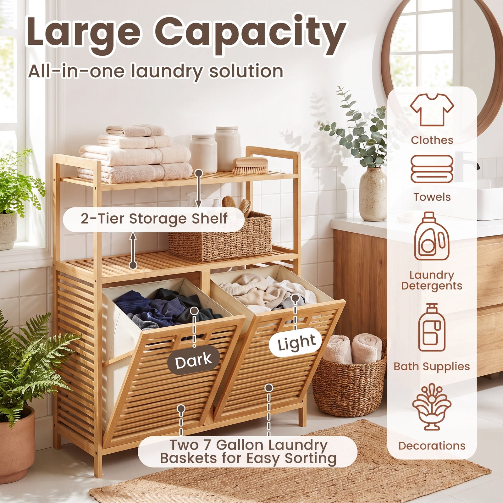 Vebreda Laundry Hamper with 2 Removable 7-Gallon Baskets, Double Tilt-Out Laundry Hamper Cabinet with 2 Open Shelves, Natural Bamboo