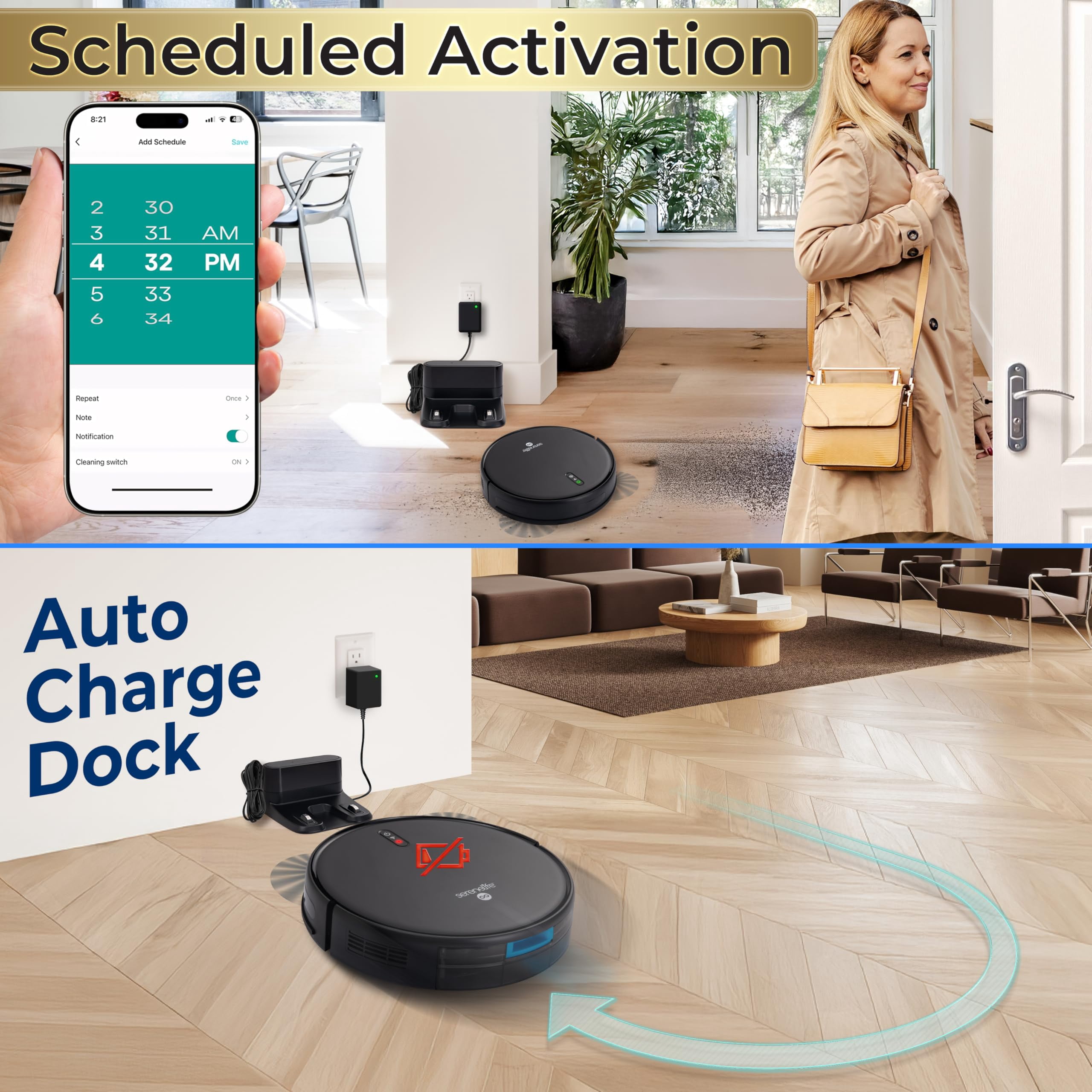 Smart Robot Vacuum and Mop Combo, 2000Pa Suction, App Control, 4 Cleaning Modes, Anti-Fall Sensors, Multi-Surface Cleaning, Self-Charging, Ideal for Pet Hair, Soft and Hard Floors, Black