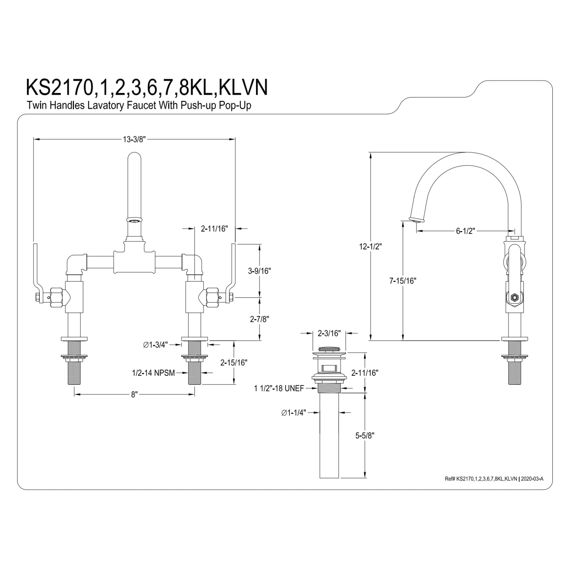 Kingston Brass KS2170KL Whitaker Industrial Style Bridge Bathroom Faucet with Pop-Up Drain, Matte Black
