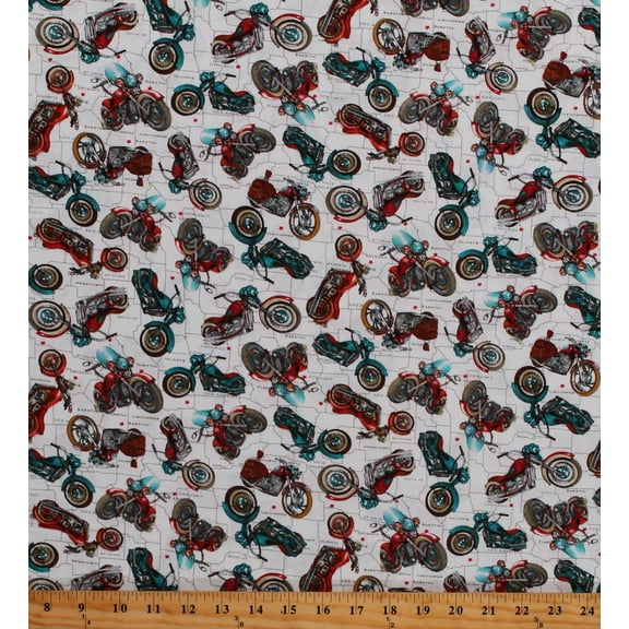 Cotton Motorcycle Transportation Travel Across Country Life's A Kick White Cotton Fabric Print by the Yard (1659-01)