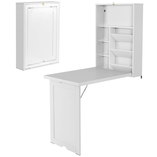 Patiojoy Folding Wall-Mounted Desk Convertible Computer Desk Floating Desk Storage Bookcases Adjustable Shelves White