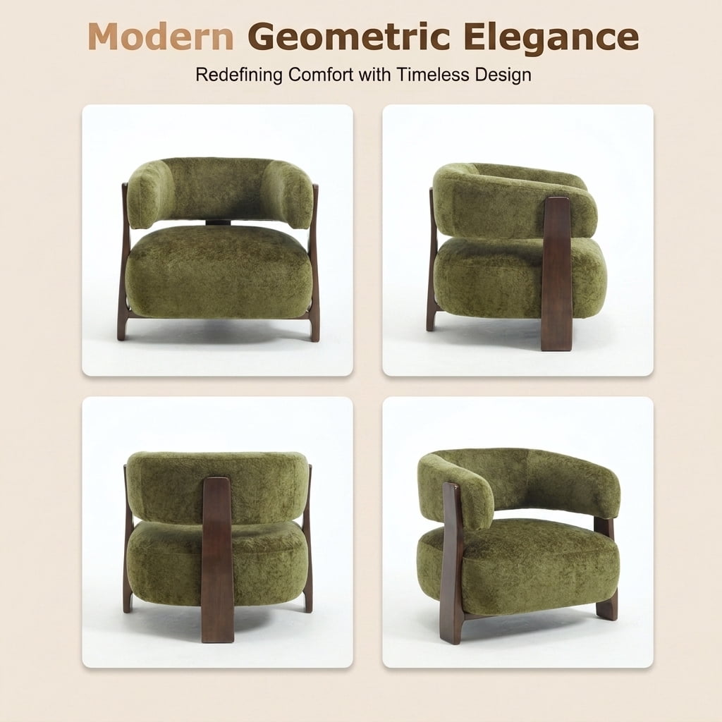 MOONMISS Boucle Accent Chair with Solid Wood Frame, Curved Arm Barrel Chair for Living Room, Bedroom & Office,Green