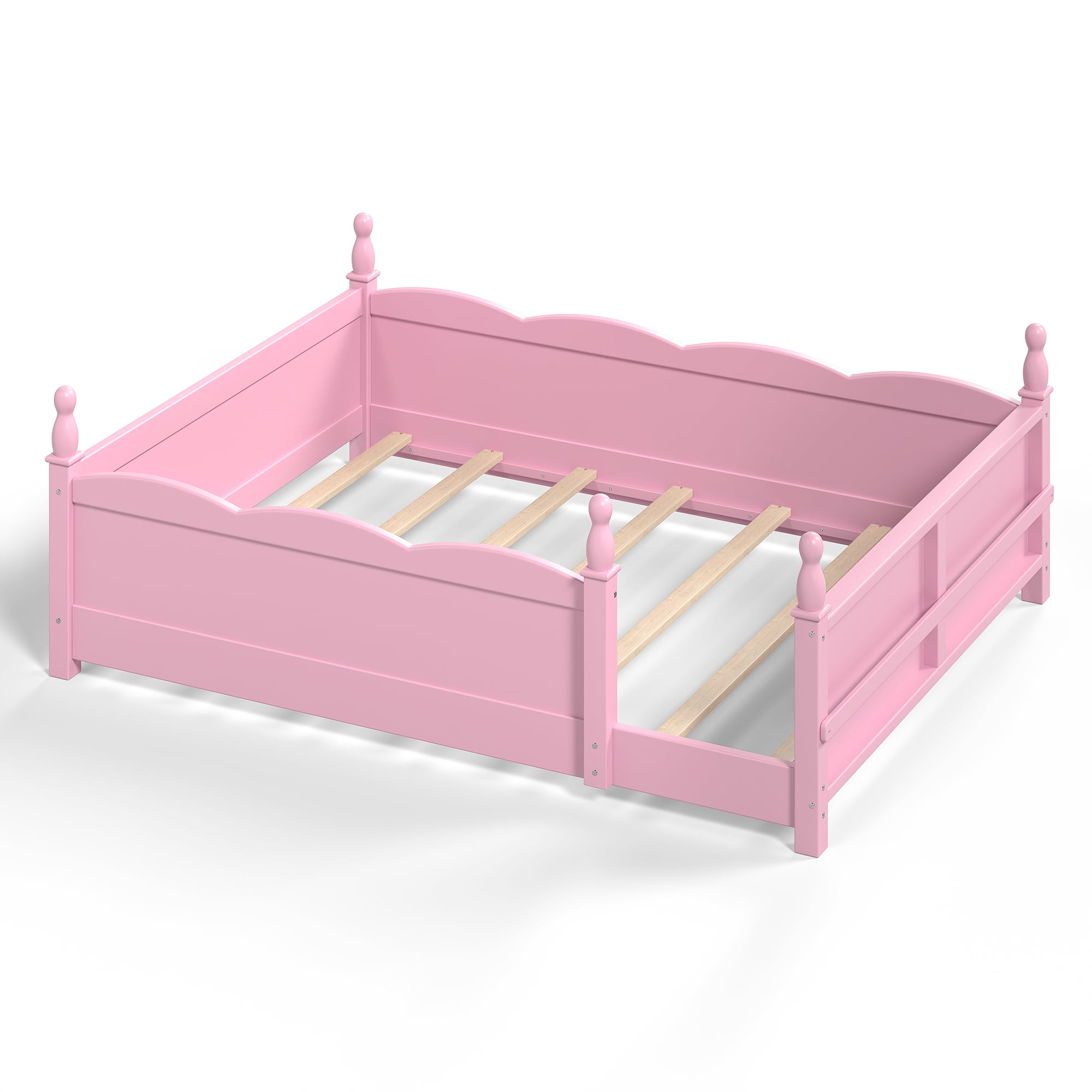 Montessori Full Floor Bed with Full-Length Guardrails and Bookshelf, Low Profile Kids Bed with Childlike Design, Pink