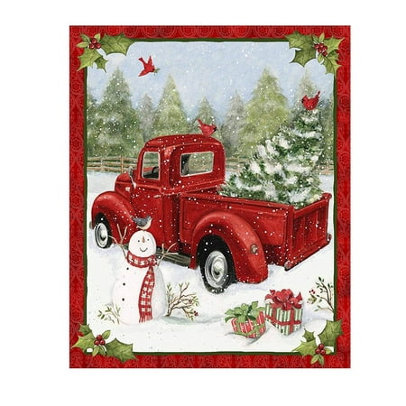Jovati Christmas Decorations, Troent Red Truck Christmas Fun 36x44 inch Panel Snowman Gifts Snow Cotton Fabric Pumpkin Car and Christmas Tree Pattern Gift Snow Fabric Gift On Clearance