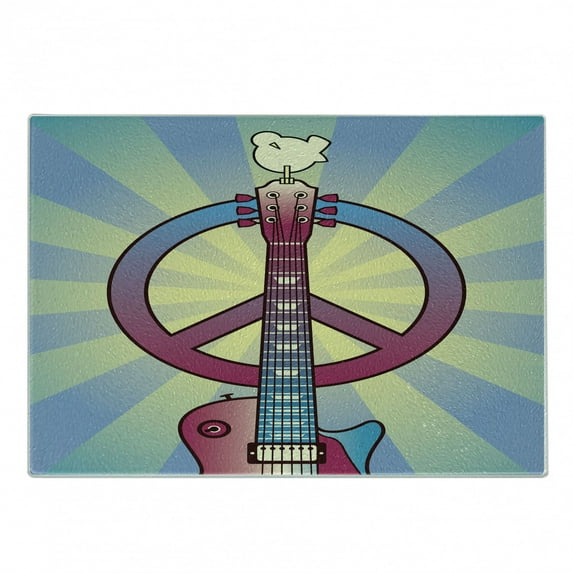 Hippie Cutting Board, Illustration of a Guitar Peace and Dove Dedicated to the Woodstock Festival, Decorative Tempered Glass Cutting and Serving Board, Small Size, Multicolor, by Ambesonne