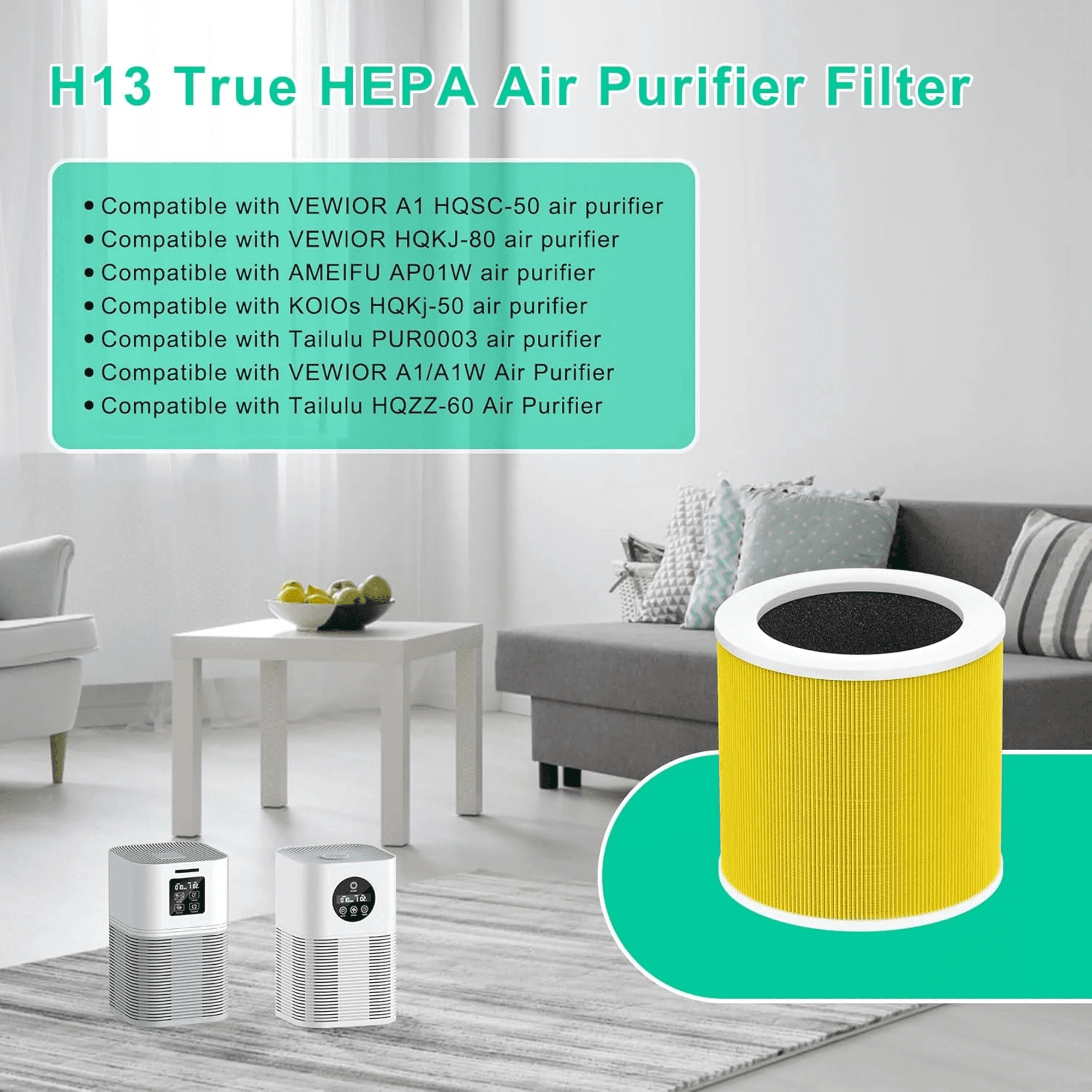 A1 Air Filter Replacement Set For VEWIOR Air Purifier Filter Replacement, Model HQSC-50, HQKJ-80, AMEIFU AP01W, KOIOS HQKJ-50 3-in-1 H13 True HEPA Air Cleaner Filter for Pet Hair Smell 2 Pack