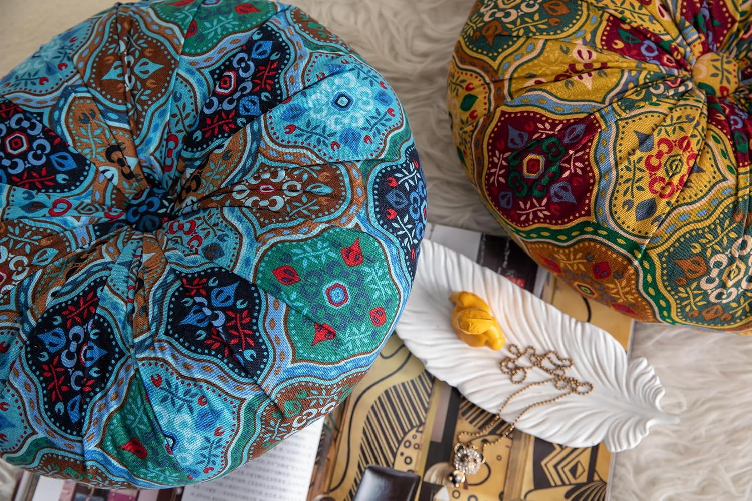 Monebena Round Floor Pillow Cushion Pleated Throw Pillows Boho Printed Accent Pumpkin Decorative Throw Pillows with Button Cotton Linen Pillow Cushion for Sofa Couch Vanity Chair Bed Diameter 14"