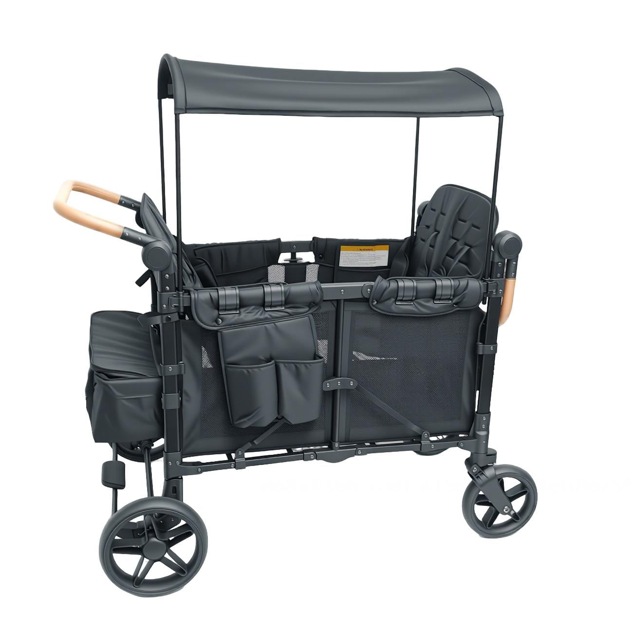 Collapsible 4-Seater Wagon Stroller with Canopy, Sturdy Iron Frame Push Wagon with Adjustable Handle, Foot Brake & Soft Seats for Grocery & Camping