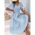 thumbnail image 6 of Women Casual Midi Maxi Dresses Polka Dot Print Short Sleeve V Neck Elastic Waist Boho Beach Dress Light Blue M, 6 of 9
