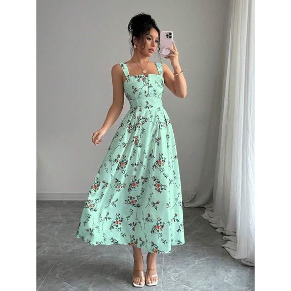 Limelight Green Floral Print Waist-Gathering Pleated A-Line Maxi Dress For Women