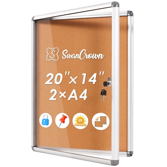 SWANCROWN Tableau d'Affichage Fermé, Tableau d'Affichage en Liège Verrouillable pour École Bureau, Vitrine Murale avec Serrure 20"x14 Pouces(2xA4)