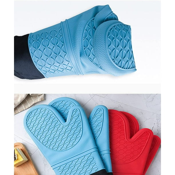 1 Pair Silicone Wavy Texture Oven Gloves Quilted Mitts Heat Resistant Blue  Green