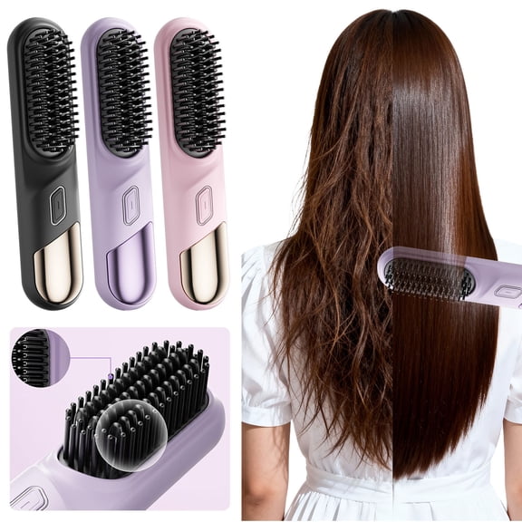 EBCUE 3 In 1 Portable Cordless Hair Straightener Brush for Travel Fast Heating Straightening Comb with LCD Display Rechargeable Anti-Frizz Styling Tool for Smooth Shiny Hair 4 Temperature Settings