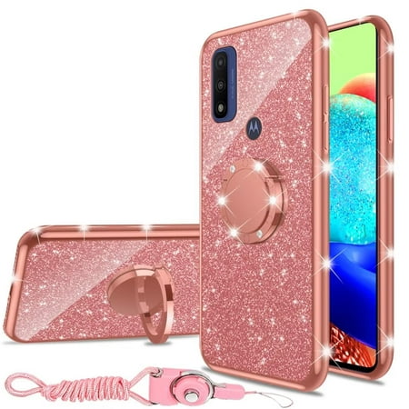 nancheng Case for Moto G Pure 2021/Moto G Play 2023, for Motorola G Power 2022 Phone Case Girls Women Cute Luxury Glitter Soft TPU Cover with Ring Kickstand Shockproof Protection Cover - Rose Gold