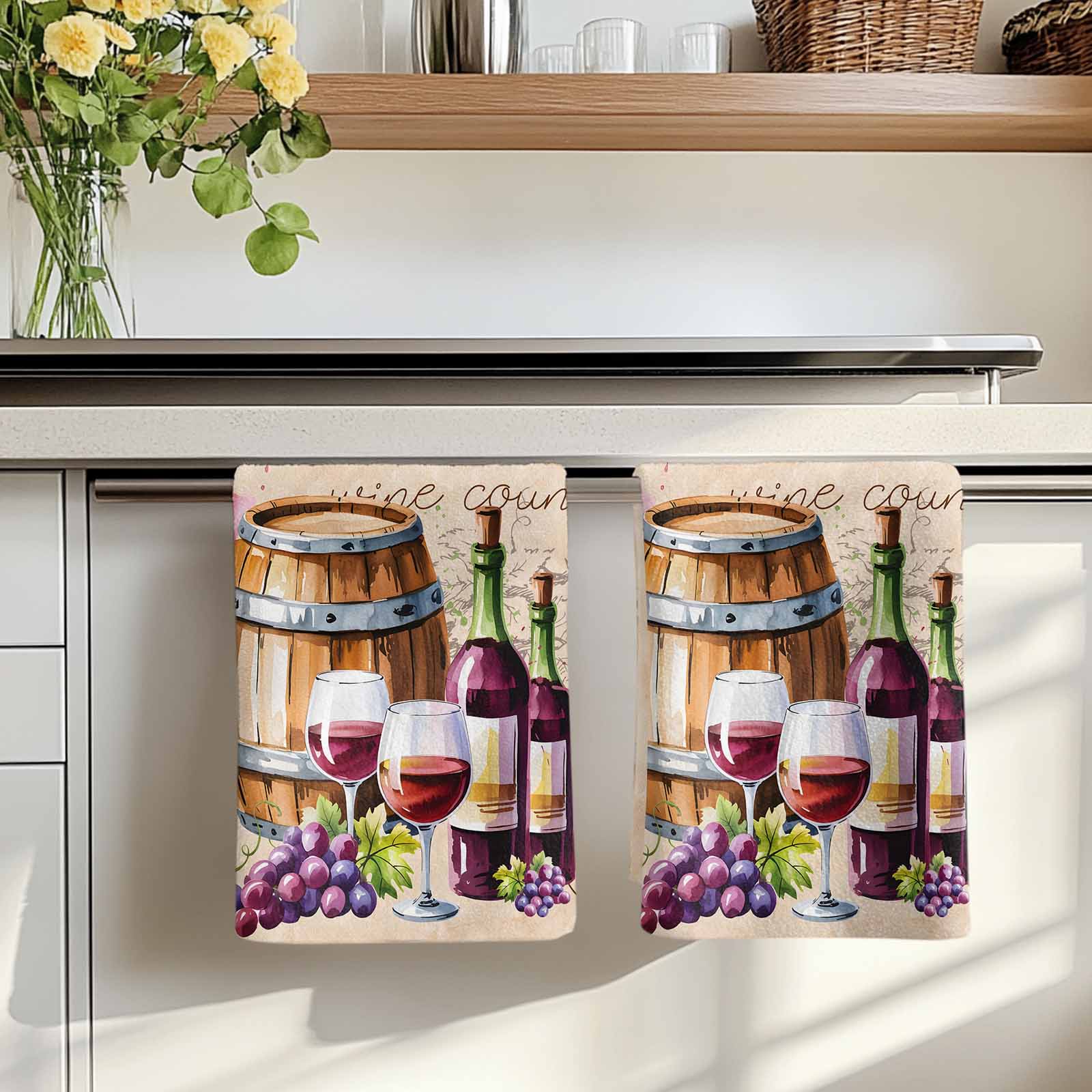 Dish Towels, Wine Cask Absorbent Kitchen Towels 2 PCS, Retro Farmhouse Grape Microfiber Hand Towels Dish Cloths Tea Towels for Home&nbsp;Bathroom Cleaning Drying,18X28-Inch,