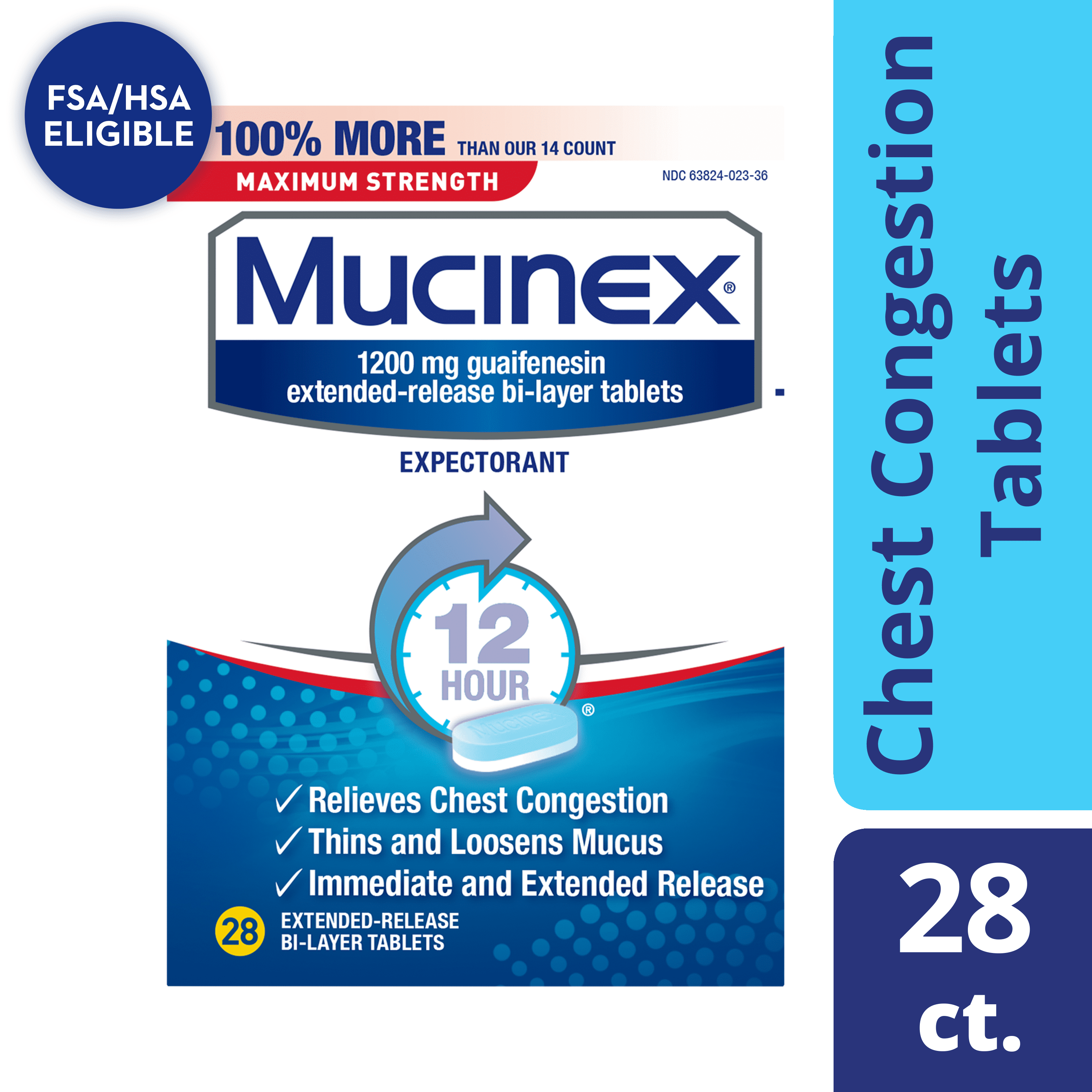 Mucinex Maximum Strength 12 Hour Chest Congestion Expectorant Relief Tablets, 1200 mg, 28 Count, Thins & Loosens Mucus