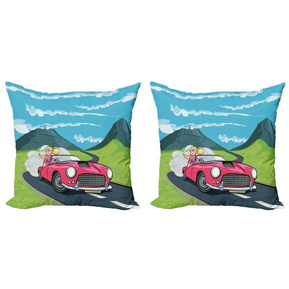 Ambesonne Cars Throw Pillow Cover 2 Pack, Modern Character Auto Travel, 18", Multicolor