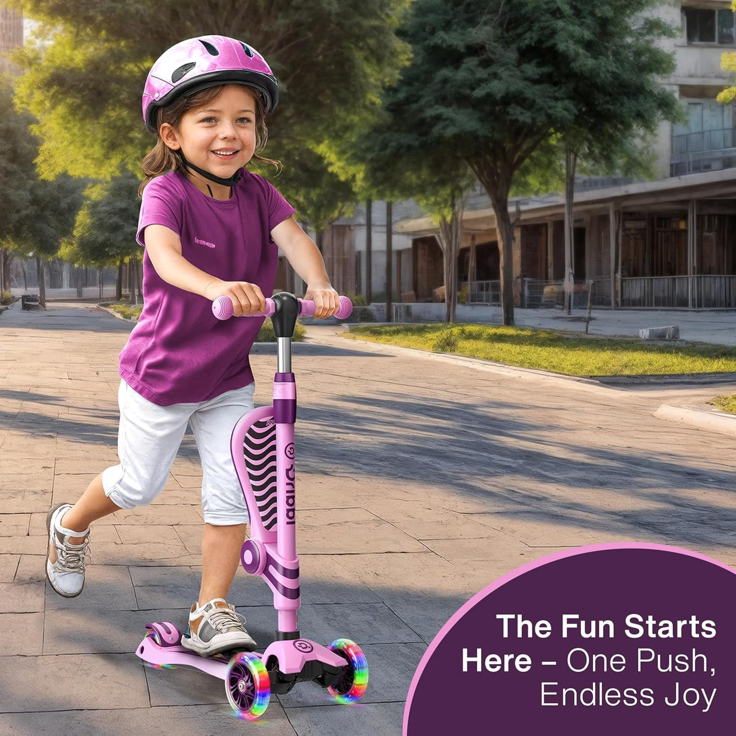 Dribbl 3-Wheel Kids Scooter with Seat, Light-Up Wheels, Adjustable Handlebar, Wide Deck & Rear Brake, Ages 2+