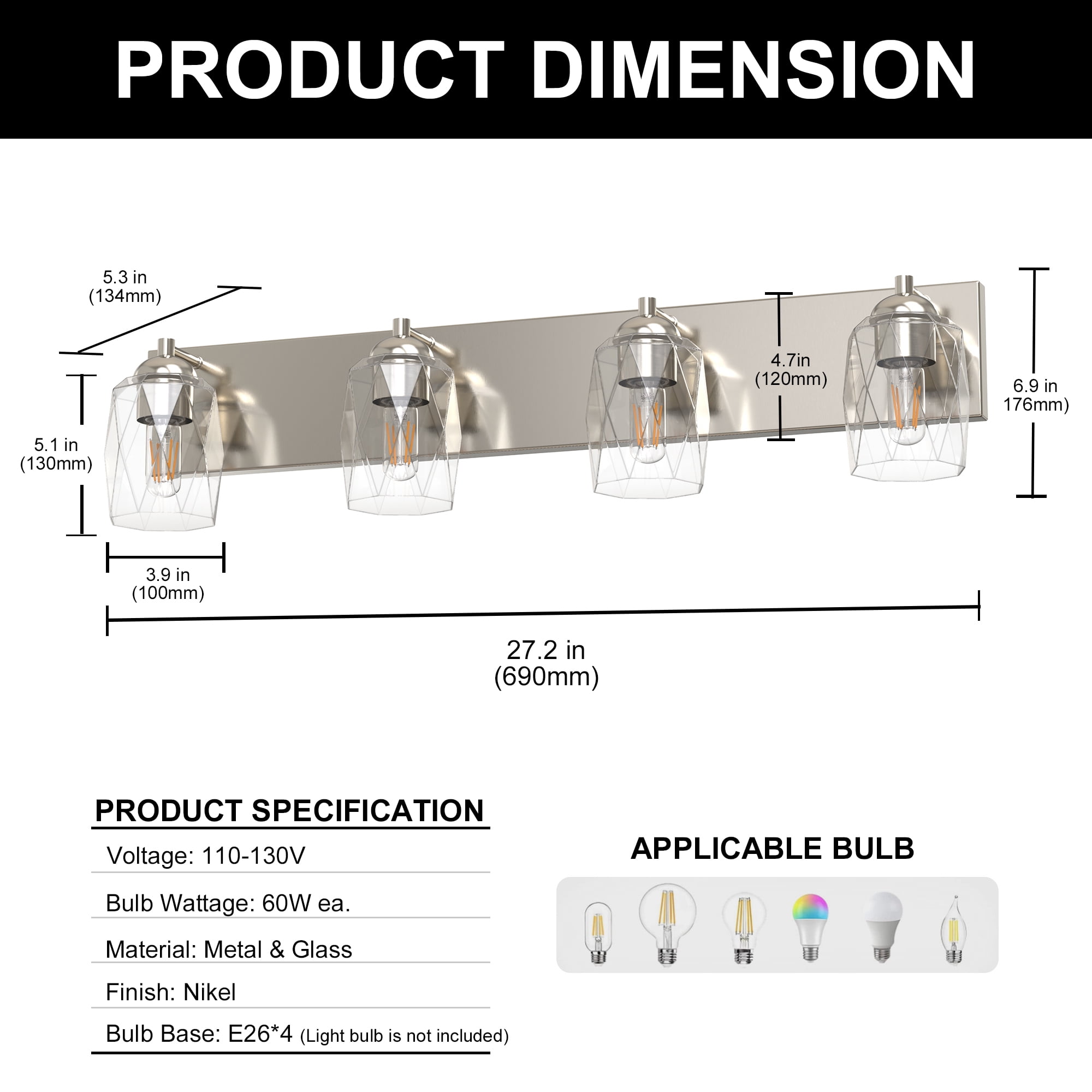 YANSUN 27.2 in 4-Light Nickel Modern Vanity Light, Unique Cylinder Glass Shade Bathroom Mirror Wall Fixture, Vanity Lights for Hallway Living Room Bedroom