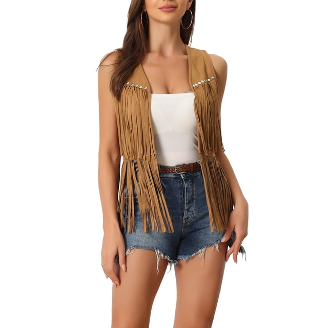 INSPIRAR CHIC Chaleco de Mujer con Flecos, Abierto, Estilo Occidental, Vintage, de Ante Sintético con Borlas, Amarillo M