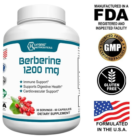 Hybrid Nutraceuticals Berberine 1200mg - Concentrated Berberine HCl Formula - Immune Support, Digestive Support, Healthy Weight - Gluten Free, 60 Capsules