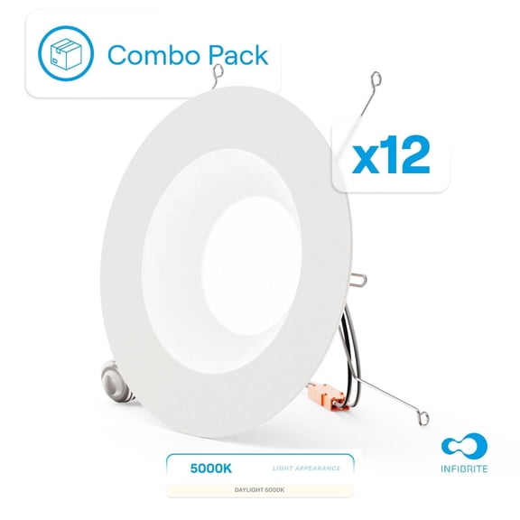 INFIBRITE 5 and 6 Inch 5000K Daylight 12W 1100LM Recessed Retrofit LED Sleek Series Downlight Kit (Includes E26 Connector), Dimmable, Wet Rated (12 Pack)