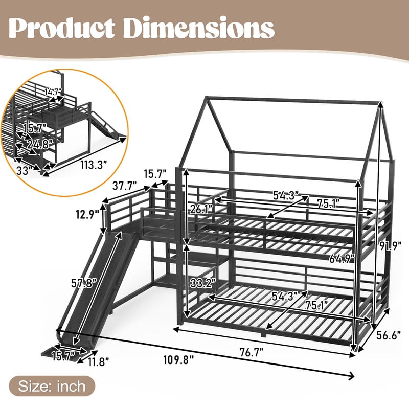 Full-Over-Full Metal House-Shaped Bed Frame with Multi-Functional Storage Stairs, Kids Bunk Bed with Slide
