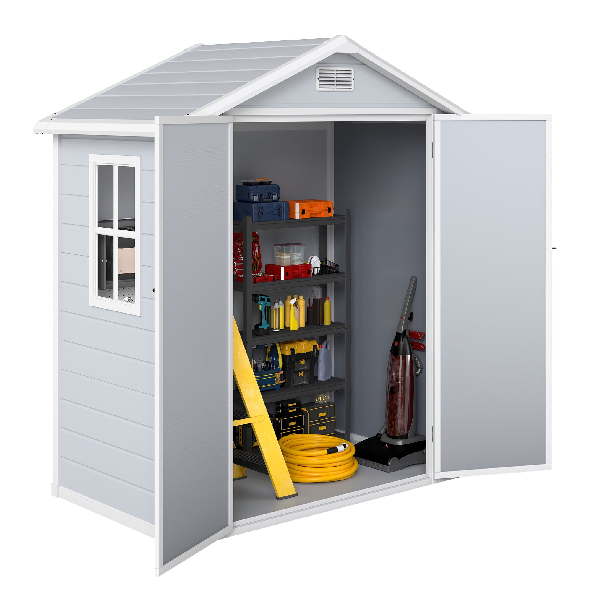 Uforic 6x4 FT Resin Storage Shed, Reinforced Floor, Lockable Door, Window & Vents, Waterproof for Garden Backyard Patio Lawn