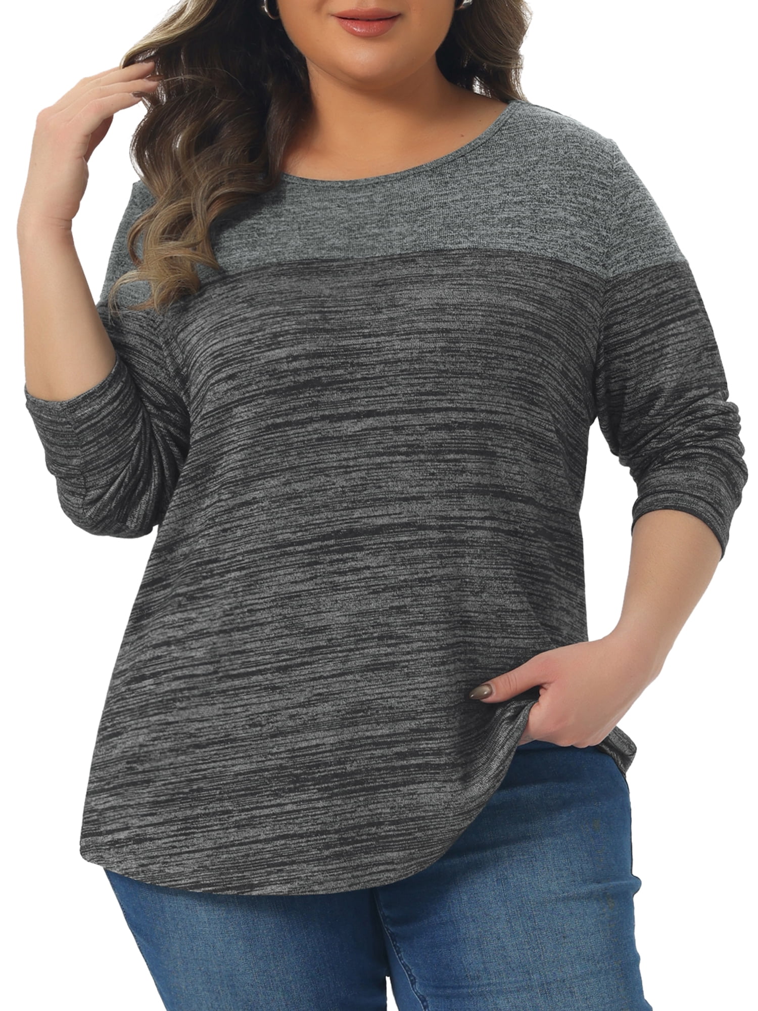 DARING DIVA Women's Plus Size Color Block Long Sleeve Crew Neck Knitted Blouse 4X Black